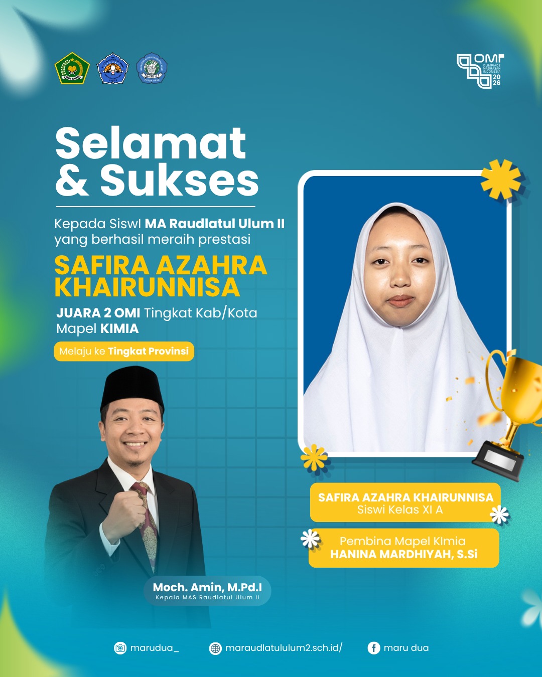 Safira Azahra Khairunnisa Raih Juara 2 OMI Tingkat Kabupaten/Kota Bidang Studi Kimia